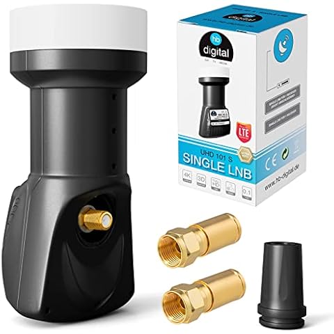 hb-digital Single LNB ( Test SEHR GUT *) LNC Kopf 1 Teilnehmer Direkt LTE Protected Satelliten Digital Sat Full HD TV 3D 4K UHD Kontakte vergoldet Wetterschutz Schwarz Black + 2x F-Kompressionsstecker Cover