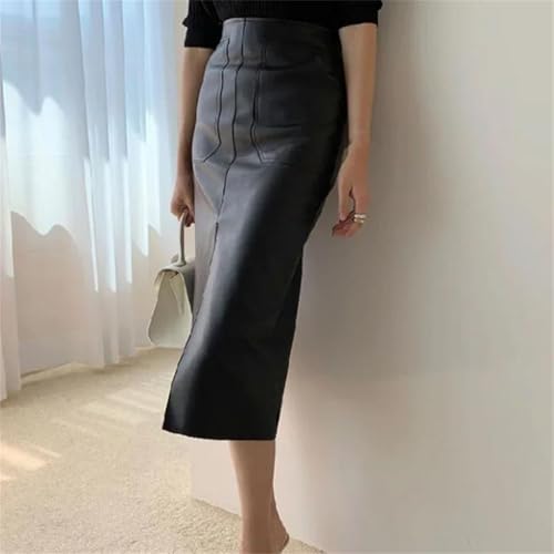 Womens High Waist Faux Leather Straight Skirt Vintage Casual Long Split Skirt with Pockets3