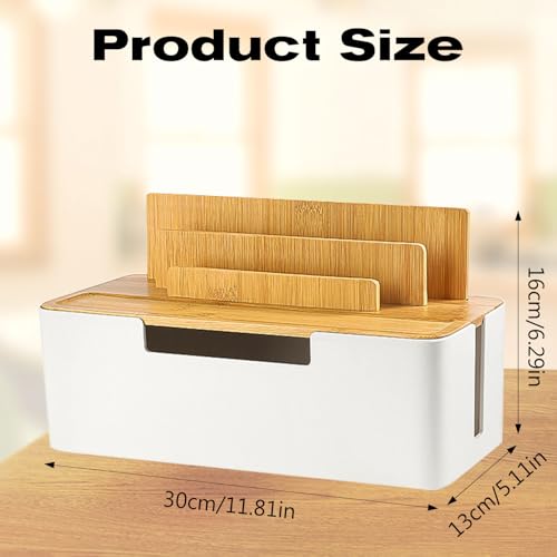 Kabelbox mit Holzdeckel, 30 × 16 × 13 cm Kabel Organizer Box mit Telefon, Smartwatches und Tablet Halterung, Kabelmanagement Box zum Verstecken von Steckdosenleiste und Kabel, Weiß (Weiß)