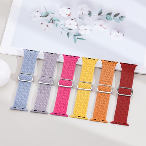 Image of 6 Pack Braided Stretchy Bands Compatible with Apple Watch Band 38mm 40mm 41mm 42mm 44mm 45mm 46mm 49mm Women Men, Adjustable Nylon Solo Loop Elastic Straps for iWatch Series 11 10 9 8 7 6 5 4 SE Ultra