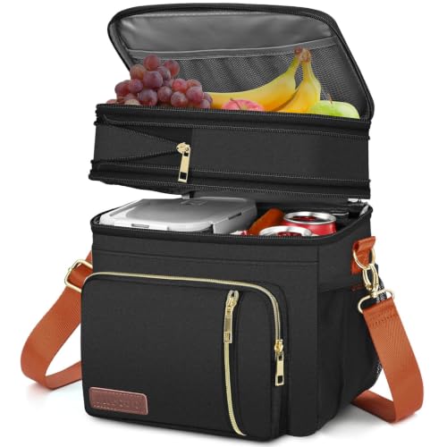 Image of MIYCOO Lunch Bag & Lunch Box for Women Men, Double Deck Leakproof Insulated Soft Large Adult Camping Cooler bag for Work, Beach, Picnic, Travel (Black Orange, 15L)