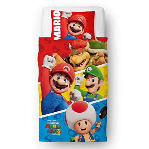 Character World Nintendo Super Mario Movie Parure de lit Simple pour Enfant avec Housse de Couette réversible réversible et taies d'oreiller Assorties en...