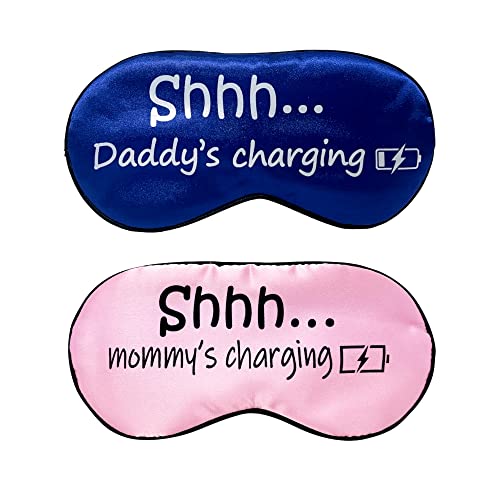Shhh... Mommy Charging, Shhh... Daddy Charging Funny Sleep Mask Set for Dad, Mom, Parents & New Parents. Napping Gift for Father's Day, Mother's Day, Birthday, Christmas Stocking Stuffer.