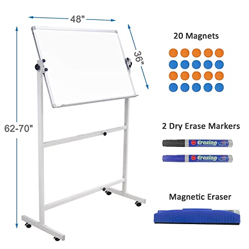 Dry Erase Board With Stand 48"X36", Rolling Magnetic Whiteboard With Stand, Height Adjustable Mobile Whiteboard Portable Whiteboard On Wheels With 1 Eraser, 2 Markers And 20 Magnets #TOP2