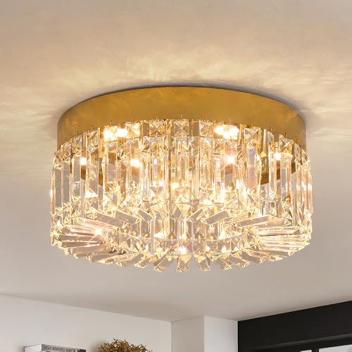 VETRULUS Crystal Chandelier 40cm Gold Flush Mount Ceiling Light Fixture Modern LED Chandeliers for Dining Room Living Room Bedroom Kitchen Foyer