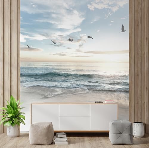 wall26 - Large Wall Mural - Seacape with Waves on The Beach and Flying Seagulls Self-Adhesive Vinyl Wallpaper Removable Modern Wall Decor - 120x96 inches