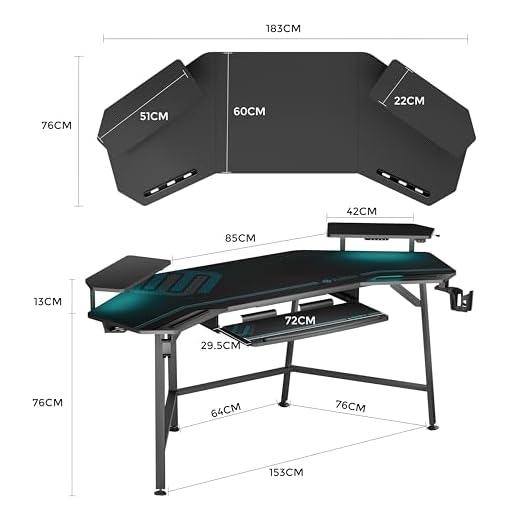 EUREKA ERGONOMIC Gaming Tisch mit LED