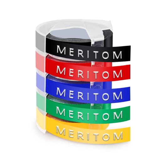 Meritom Kompatibel für DYMO Omega Prägeband 9mm Weiß auf Schwarz/Rot/Blau/Grün/Gelb für Dymo Junior Omega Prägegerät Etikettenband, für Dymo Omega Junior Etikettiergerät Beschriftungsgerät, 5er-Pack