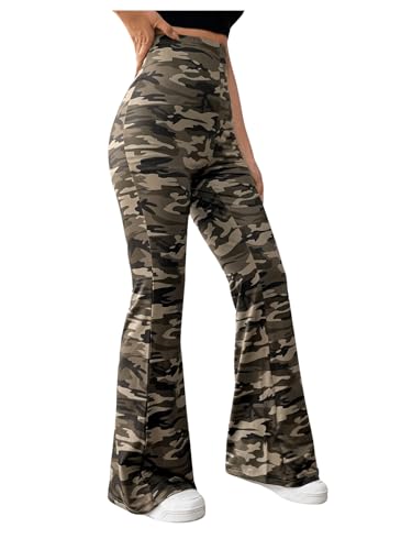 Image of WDIRARA Girl's Camo Print Flare Pants High Waisted Stretch Bell Bottoms Pants