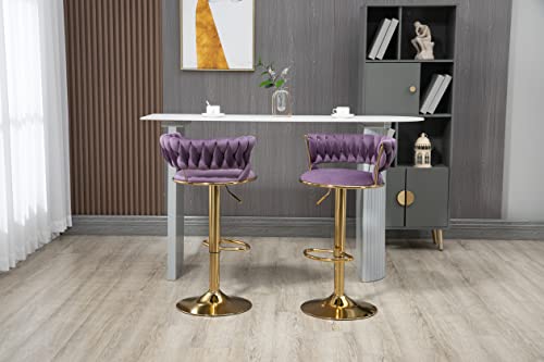 Modern Velvet Bar Stools- Swivel Adjustable Barstools Bar Height Counter Height Kitchen Stools For Island Sillas Para Barra De Cocina Gold Upholstered Bar Chairs With Woven Back (Purple, Set Of 3) #TOP1