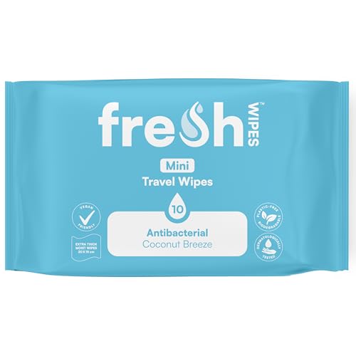 FreshWipes Mini Antibacterial Body Wipes for Adults 1 Pack (10 Wipes) - Biodegradable Wet-Wipes - Dermatologically Tested & Suitable for the Elderly or Disabled - Great for Camping (Coconut Breeze)