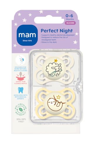 Image of MAM Perfect Baby Premium Pacifier 0-6 Months, Extra Thin Nipple, 2 Pack | Developed With Medical Experts, Glows in The Dark, Curved Shield, BPA-Free Silicone, With Sterilizer Case, Made In Europe