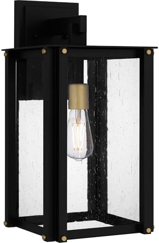 Quoizel Robbins Outdoor Wall Lantern, Coastal Armour 18 Inch 1-Light Matte Black Wall Sconce, Clear Seedy Glass, 100W, Outside Lights for Patio, Porch, Garage, Front Door or Yard