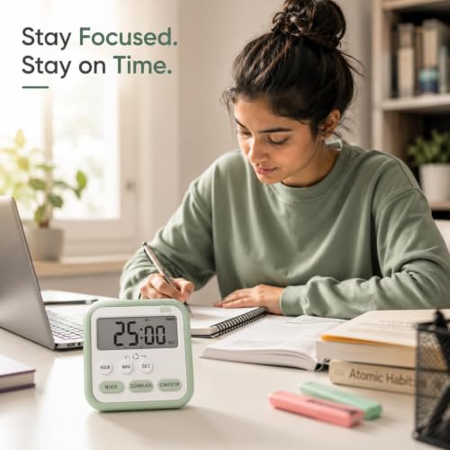 Image of Digital Kitchen Timer with Stopwatch, LCD Display, 24-Hour Countdown&Up Timer, 100% Loud Alarm, Magnetic Back, Foldable Stand, Hanging Slot, Timer for Students, Cooking, Gym, Laboratory, & Office