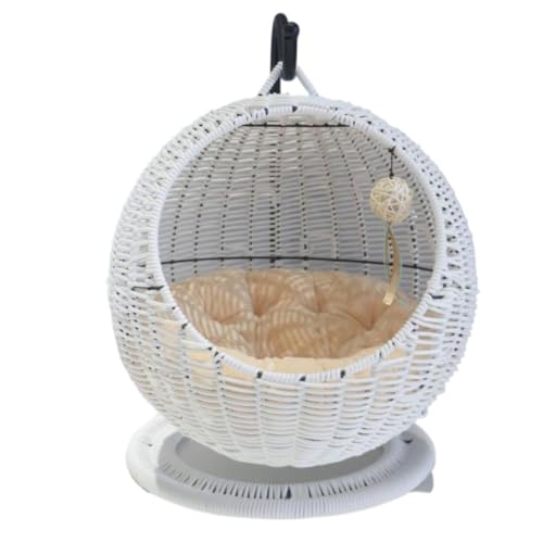 SIzlaho 猫ペット一年中ベッド、籐猫ケージ、小型家庭用猫の巣、猫ベッドハンモック猫ハンモック、ペットベッド、ハンギングバスケット、天然素材製、半密閉型、オールシーズン対応、取り外し可能、洗える、猫ベッドヴィラ 猫用ペット用品 (ホワイト)