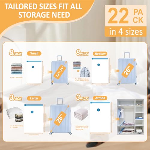 Vacuum Storage Bags with Electric Pump, 22 Pack (3 Jumbo/3 Large/8 Medium/8 Small) Vacuum Seal Space Saver Bags for Clothing, Pillows, Blanket, Bedding, Comforters
