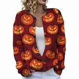 Generisch Halloween Strickjacke Damen Cardigan Kurz Geister Kürbis Pullover mit Knopf Lustige Langarm Jacke Strick Elegante Winter Warm Herbst Übergangsjacke Leichte Sweater Festival Outfit