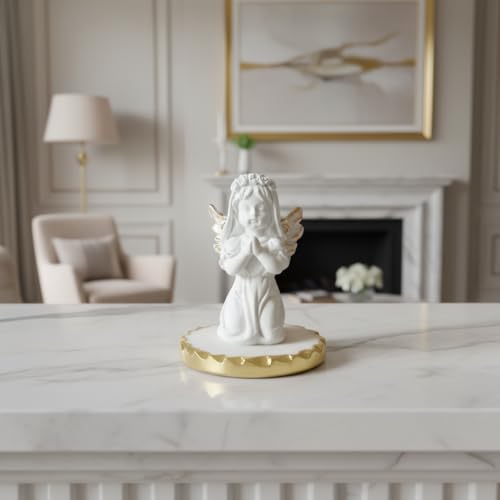 Image of Praying Baby Angel with Marble Base Premium Decorative Spiritual Marble Finish Showpiece with Folding Metal Stand for Home Decor, Living Room, Office Desk