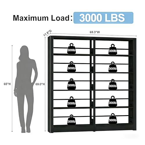 Image of Heavy Duty Metal Bookshelf, 5-Tier Industrial Bookcase with Adjustable Shelves, Large Storage Bookshelf for Living Room, Office, Library, 69 inch H x 69.3 inch W, Black