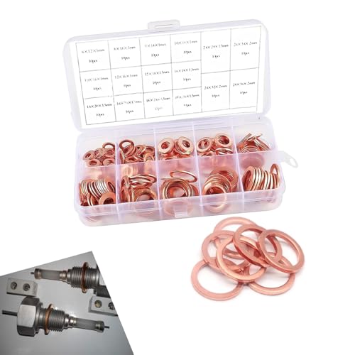 Image of 200 PCS Car Copper Flat Crush Washer Gasket Sets, M5 M6 M8 M10 M12 M14 Multi-Specification Oil Drain Plug Crush Washer, Tight Fit Leak-Proof Seals with Storage Box, Universal for Most Cars (Gold)
