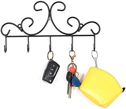 Wall Mounted Metal Hooks/Hangers - Door Hangers/Hooks - Decorative Organizer Rack with 6 Hooks for Keys Clothes Coats Hats Belts Towels Scarves Pots Cups Bags Kitchen Bathroom Garden (Black) (LSYY001)