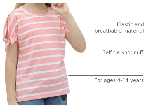 Image of GORLYA Girls Slit Sleeve Tie Knot Cuff Knit Tunic Top 4-14Y | Seamless knit, cold shoulder slit sleeves with tie-knot cuffs, solid & stripe options, ideal for school and casual outings.