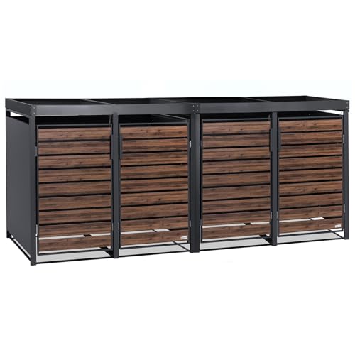 Zelsius Mülltonnenbox 4er mit Pflanzdach für 4 Tonnen | 120-240 Liter | Anthrazit RAL 7016 | Tür in dunkelbrauner Holzoptik mit Erweiterungsmöglichkeit | Mülltonnenverkleidung