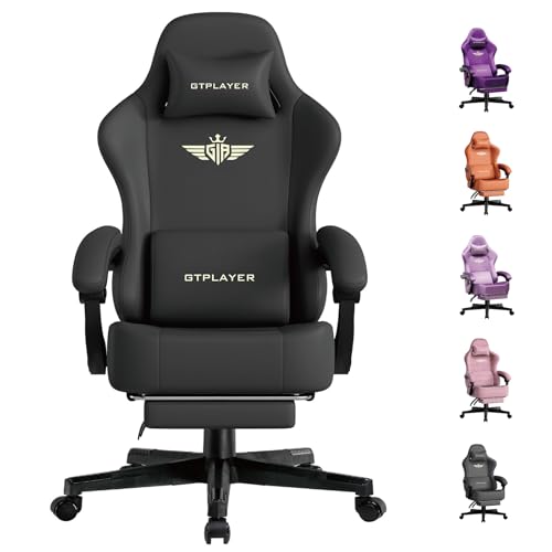 GTPLAYER Gaming Chair, Ergonomic Computer Chair with Footrest and Lumbar Support Height Adjustable Home Office with 360°-Swivel Seat and Headrest Black