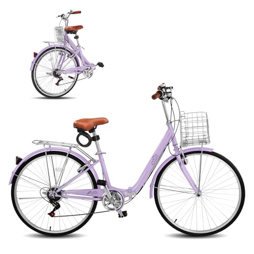 Ktaxon Foldable Beach Cruiser Bike, 26' Folding Women's Bike with 7 Speed Shifting, Foldable Basket,...
