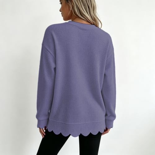 Jielayou Waffle Sweatshirt Women Scalloped Hem Crewneck Comfy Pullover Tops - image 3