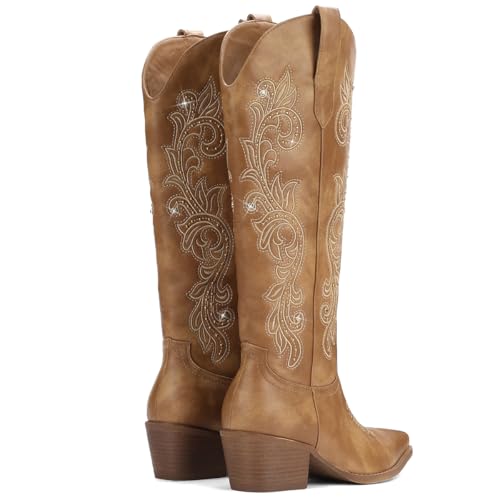 Riveted Rhinestone Western Cowboy Boots for Women Knee-High Design Ideal for Country Concerts Outdoor Adventures Brown Size 8.5 by ReneChristine - Used condition - Image 3