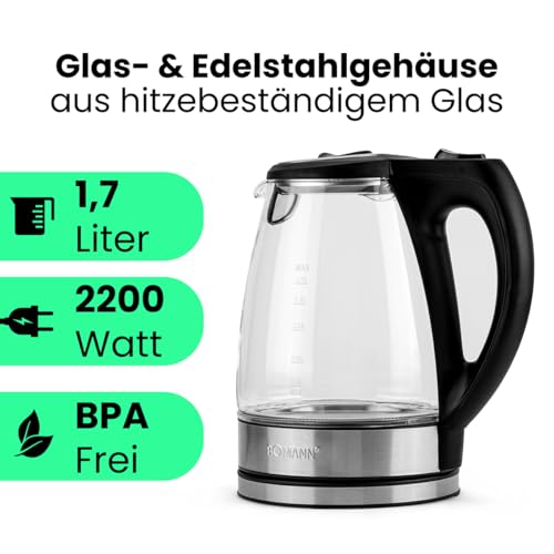 Bomann Wasserkocher Edelstahl 1,7 Liter mit BPA-freiem Glas