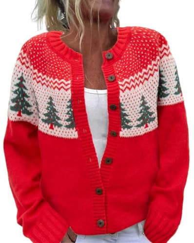 Image of Women's Funny Fall Winter Animal Floral Christmas Tree Long Sleeve Button Knit Cardigan Sweater