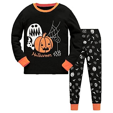 LXKA Kids Halloween Pyjamas Boys Girls Pjs Glow in The Dark Skeleton Pumpkin Sleepwear Unisex 100% Cotton Long Sleeve 2 Pieces Clothes Nightwear 2-8 Years Cover