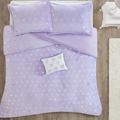 Image of Intelligent Design Queen Comforter Set, 4 Piece Metallic Hearts Cozy Bedroom Set for Girls, Queen Bed Set Soft & Plush Comforter, All Season Fluffy Bedding Set, Rosalie, Full /Queen, Purple Silver