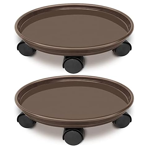 JzNova 2 Pack of 14 inch Rolling Plant Pallet Caddy with 5 Wheels, Round Flower Pot Mover, Indoor Rolling Planter Dolly on Wheels, Outdoor Planter Trolley Tray Coaster, Brown Cover