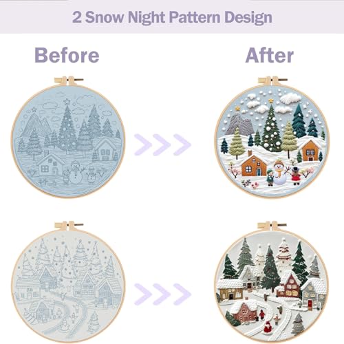Image of Offizon Christmas Embroidery Kit for Beginners, 2 PCS Starter Cross Stitches, Winter Night Santa Handicrafts, Merry Chistmas