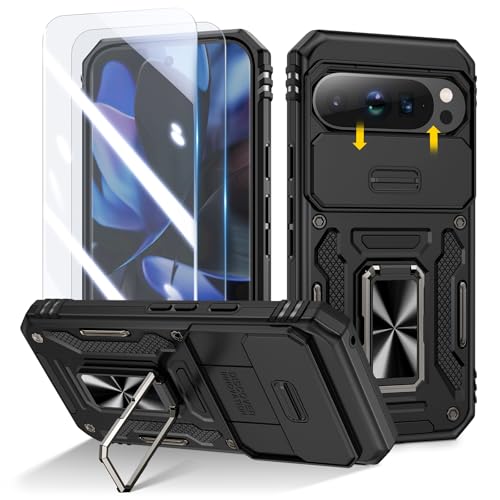 Doeshine Hülle für Google Pixel 9 Pro XL, Handyhülle mit 2 Stück Displayschutzfolie & Kameraschutz, Magnetisch Ring Ständer, Robust Fallschutz Militär Schutzhülle Google Pixel 9 Pro XL (Schwarz)