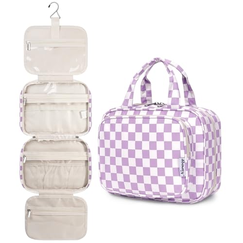 Image of Narwey Large Hanging Toiletry Bag Travel Makeup Bag Cosmetic Organizer for Women and Girls, Z-Purple Checkerboard, Medium