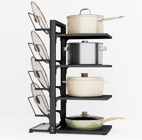 Tusig® Pan Organiser for Cupboard, 4-Tier Saucepan Storage with Height Adjustable, Heavy Duty,Pots and Pans Organiser with 4 Adjustable Pot Lid Racks for Pots, Pans and Lids