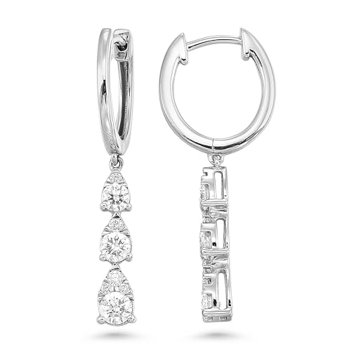 Diamond Delight 4/5 Carat Real Natural Diamond Dangle Drop Earrings for Women – 14k White Gold Hoop Earrings for Her with Graduated Trilogy Design (F, VS1, 0.80 cttw) Secure Hinged Hoops