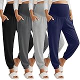 JoyMotion 4 Pack Women's Maternity Pants Joggers Over the Belly Pregnancy Casual Comfy Lounge Sweatpants with Pockets(Navy Blue, Light Gray, Dark Gray, Black,X-Large)