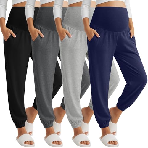 JoyMotion 4 Pack Women's Maternity Pants Joggers Over the Belly Pregnancy Casual Comfy Lounge Sweatpants with Pockets(Navy Blue, Light Gray, Dark Gray, Black,X-Large)