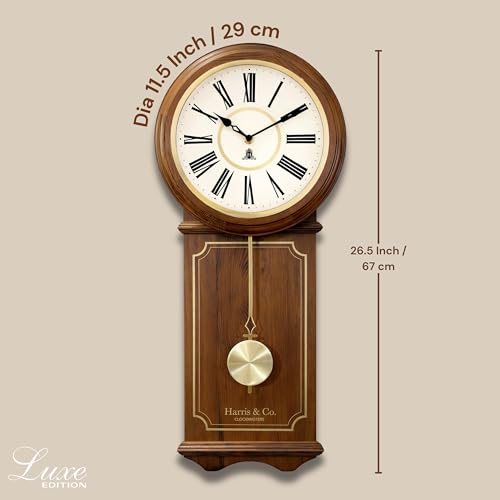 Image of HARRIS & CO. CLOCKMASTERS Wooden Pendulum Wall Clock Luxe Edition 26.5 x 11.5 Inch | Silent Sweep Noiseless Movement | White Metal Roman Dial | Gold Accents & HD Clear Glass | Model-Hyde Park