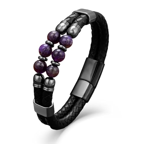 EJARY メンズレザーブレスレット、ターコイズ/タイガーアイ/ラピス/ブラックオニキスプロテクションヒーリングストーンビーズジュエリー、男性用8.27インチ/21cm, レザー, 宝石なし