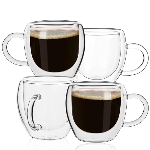 2.5oz Espresso Cups Set of 4, Small Expresso Coffee Cup, Expresso Shot Glass with Handle, Double Wall Insulated Espresso Mugs,Tazas de Cafe Expreso, Fit for Espresso Machine Accessories, Clear