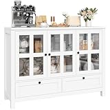 Keyluv Buffet Cabinet Wood/Glass Sideboard Storage Cabinet with 3 Doors and 2 Drawers, 47.2 inches Kitchen Buffet Table for Dining Room, Living Room, Entryway, White