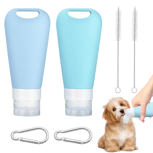 2 Stück Wiederverwendbare Futtertube zum Befüllen Hund, 90 ml Leberwurst Hunde Tube Silikon Reiseflaschen mit Karabiner und 2 Reagenzglasbürste, für Hundetraining als Belohnung (Hellblau + Himmelblau)