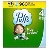 Puffs Plus Lotion Facial Tissues, 96 On-The-Go Travel Packs, 10 Tissues Per Pack (960 Tissues Total)