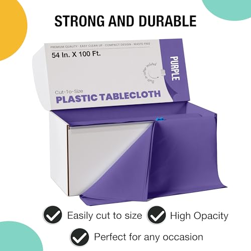 Image of Exquisite Party Solids 54 Inch X 100 Feet Purple Plastic Table Cover Roll in A Cut - to - Size Box with Convenient Slide Cutter. Cuts Up to 12 Rectangle 8 Feet Plastic Disposable Tablecloths